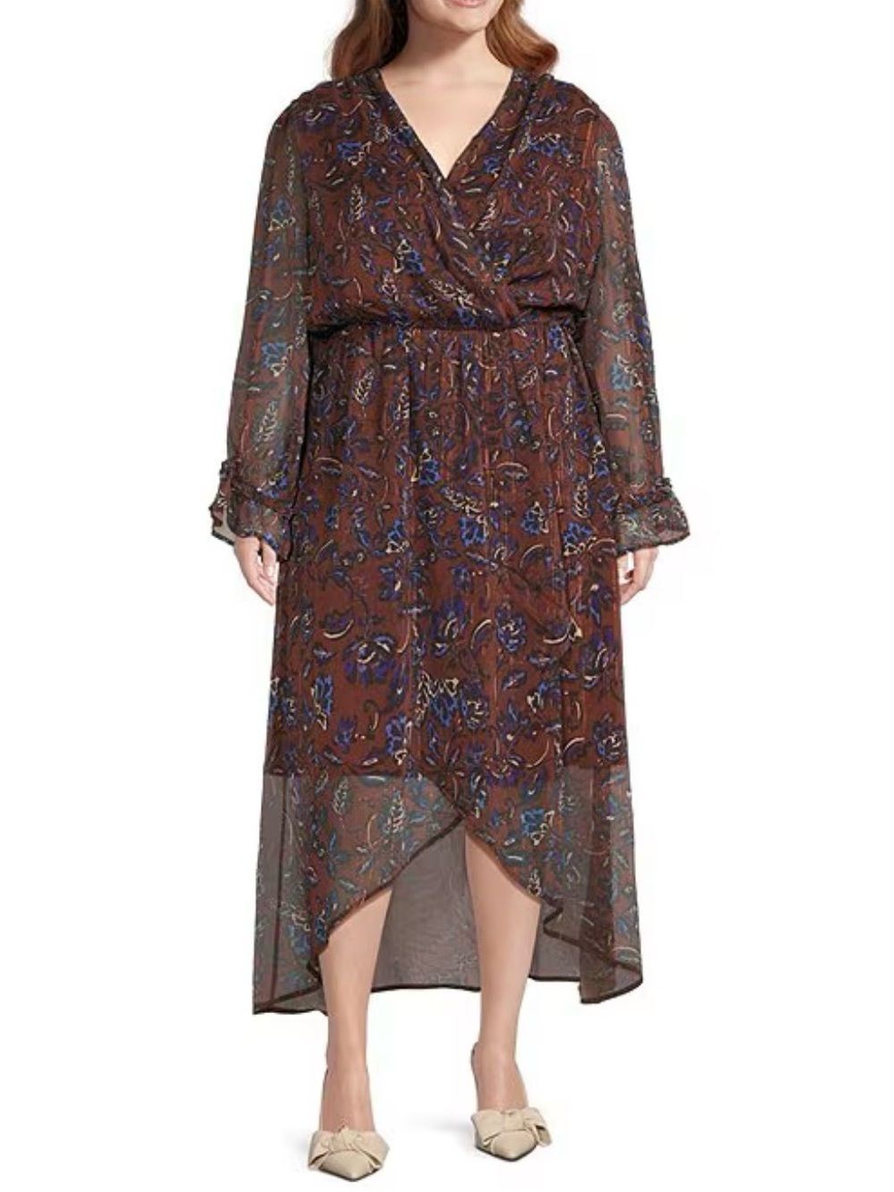 Layered With Love Printed Chiffon Long Sleeve Asymmetrical Dress Brown Floral 1X